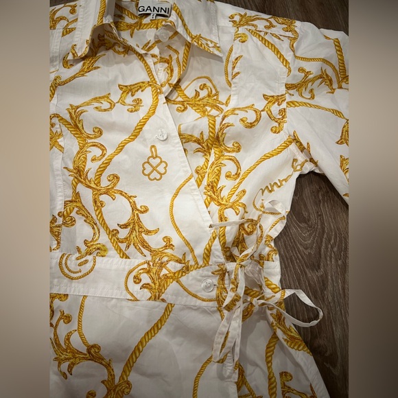 NWT GANNI 100% Cotton Gold And White Patterned Button Up Wrap Shirt - Picture 7 of 14